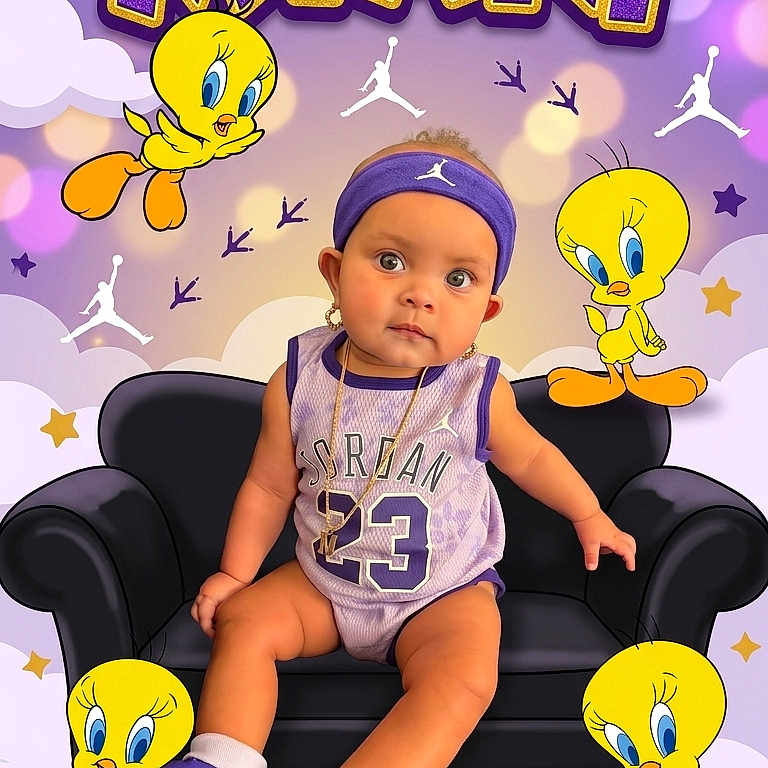 Myani is registered to the contest to win money with this photo: baby, child, birthday, 1st_birthday, tweety_bird, cartoon, purple, yellow, headband, socks, sportswear, couch, celebration, confetti, cute, portrait, smiling, animated_characters, background, party