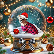 Piper is registered to the contest to win money with this photo: bow, celebration, christmas, cute, decorations, dog, festive, gold, greenery, holiday, ornaments, pinecones, plaid_shirt, red, santa_hat, small_dog, snow, snow_globe, sparkle, winter