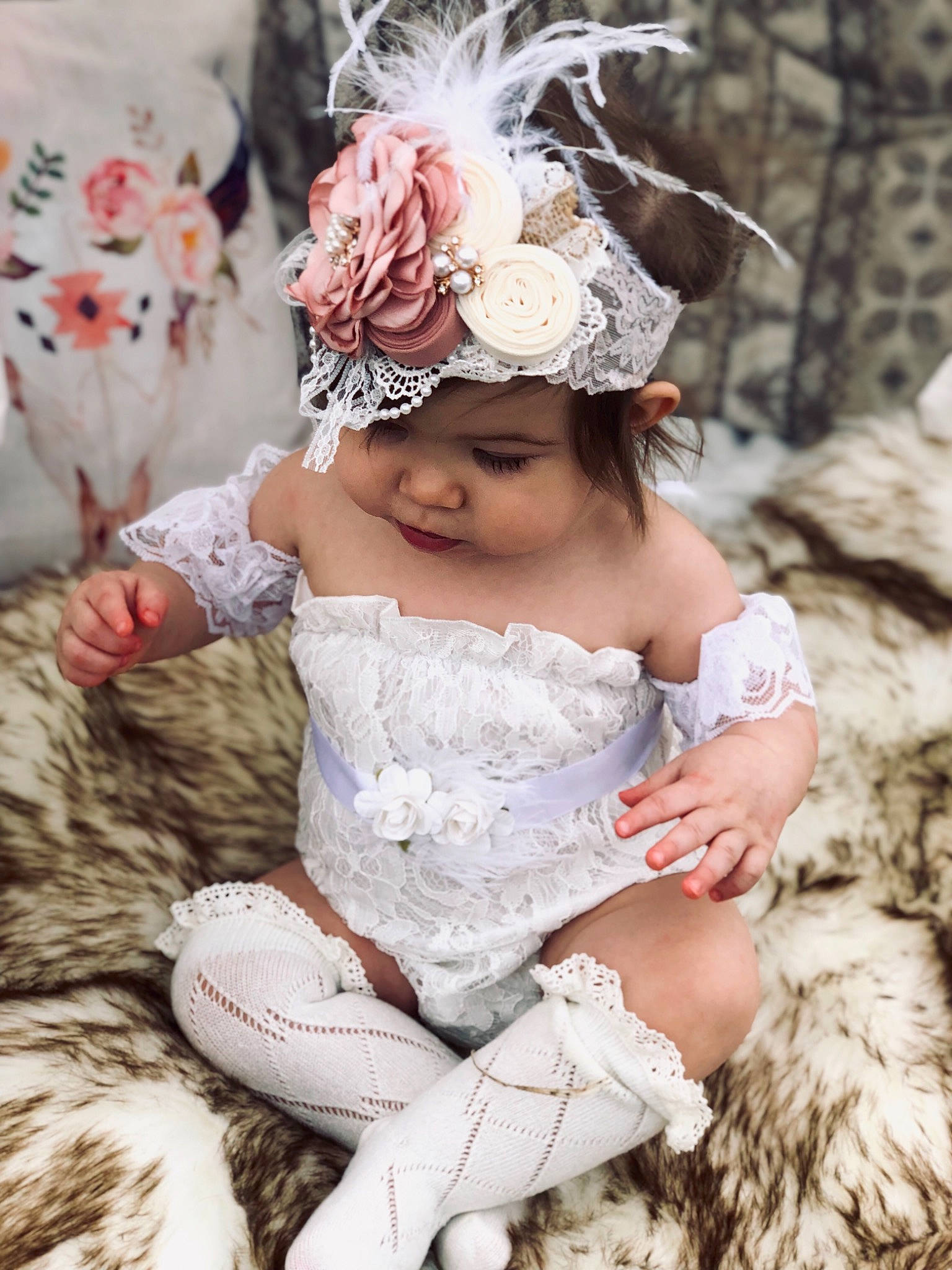 Cailynn is registered to the contest to win money with this photo: baby, child, child_model, costume, dress, fashion_accessory, fur, hair_accessory, happy, headband, headgear, headpiece, headwear, person, photo_shoot, photograph, pink, smile, toddler