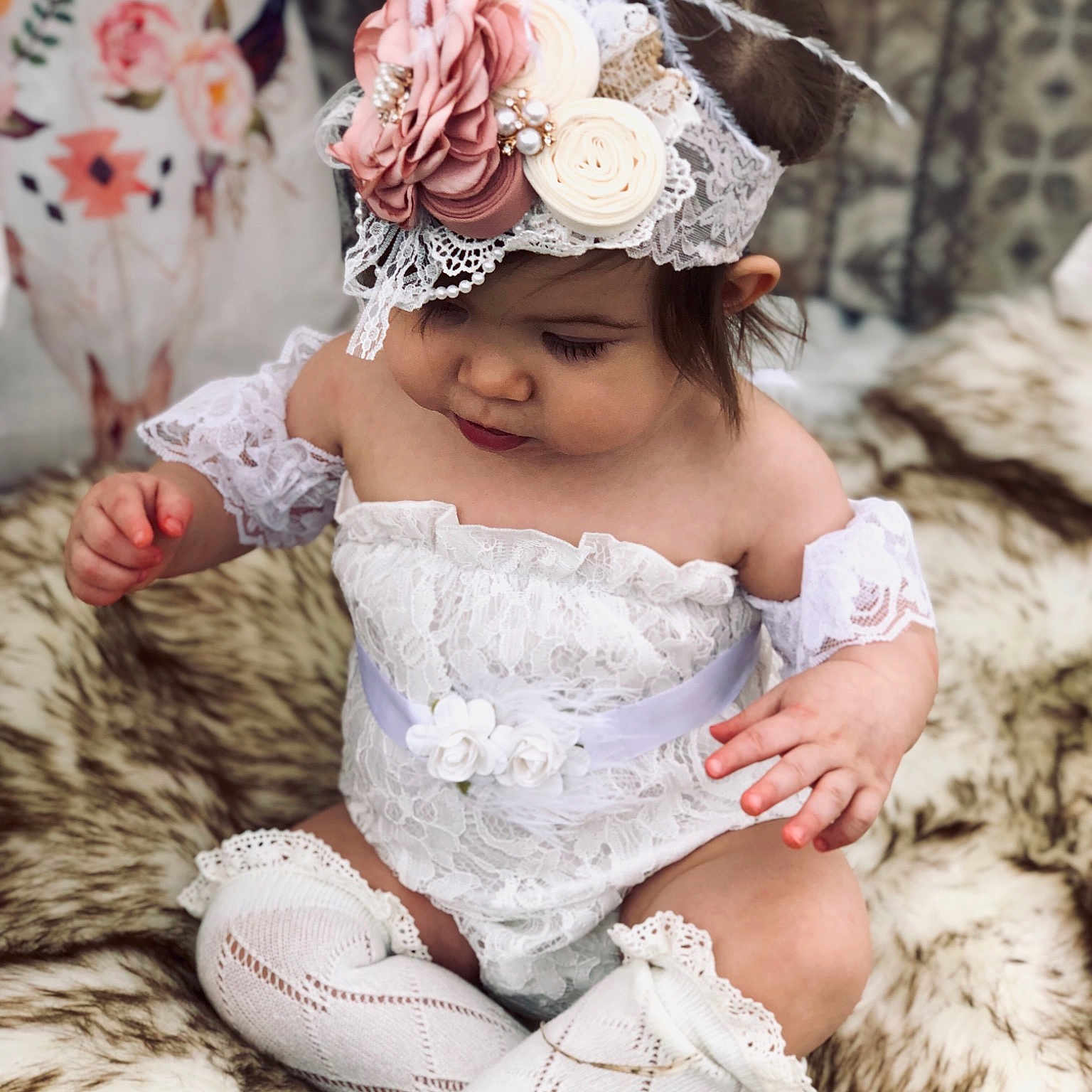 Cailynn is registered to the contest to win money with this photo: baby, child, child_model, costume, dress, fashion_accessory, fur, hair_accessory, happy, headband, headgear, headpiece, headwear, person, photo_shoot, photograph, pink, smile, toddler