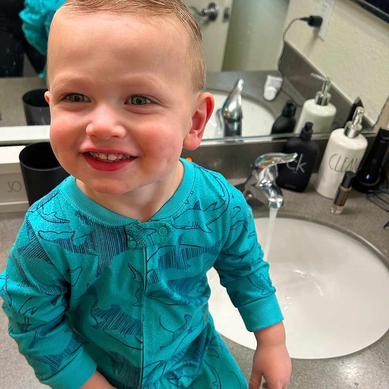 Waylon joined the competition — help win amazing prizes! baby, basin, bodypart, boy, child, clothing, face, happy, head, indoors, male, mouth, pants, person, photography, portrait, sink, sinkfaucet, smile, teeth