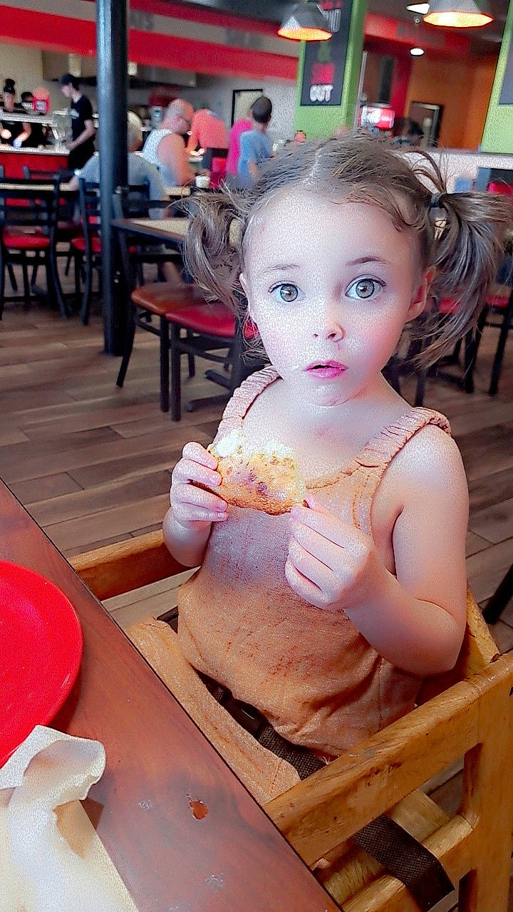 Amaiyah Rayne joined the competition — help win amazing prizes! baby, breakfast, chair, child, comfort_food, cuisine, fast_food, food, food_craving, fun, hairstyle, leisure, person, plate, sitting, skin, surprise, sweetness, table, tableware