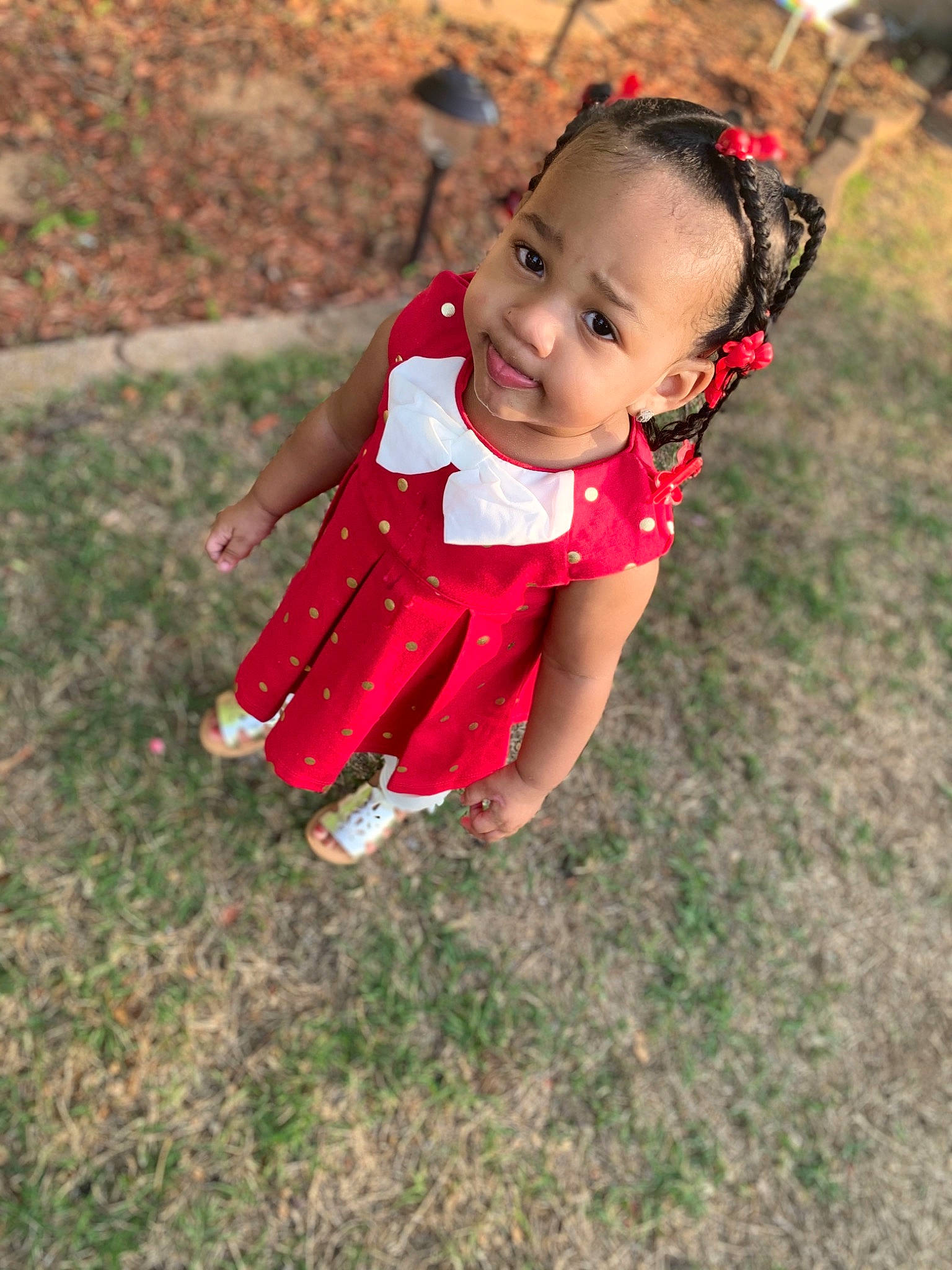 Karma is registered to the contest to win money with this photo: baby, child, child_model, dress, fun, grass, happy, leaf, person, photography, plant, play, red, skin, smile, toddler