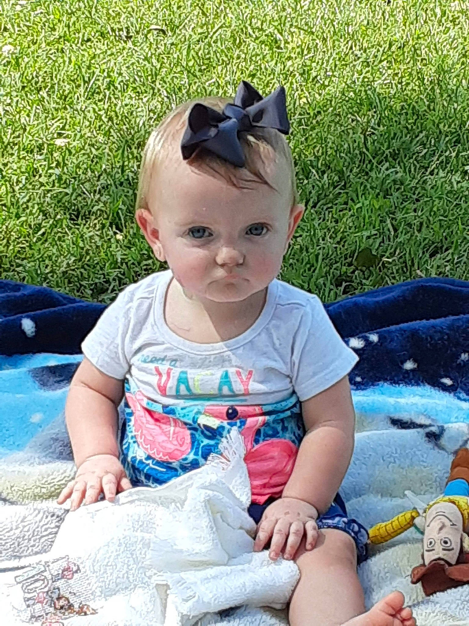 Abbigail joined the competition — help win amazing prizes! baby, child, cool, ear, fawn, glasses, grass, person, play, sitting, summer, toddler, vacation