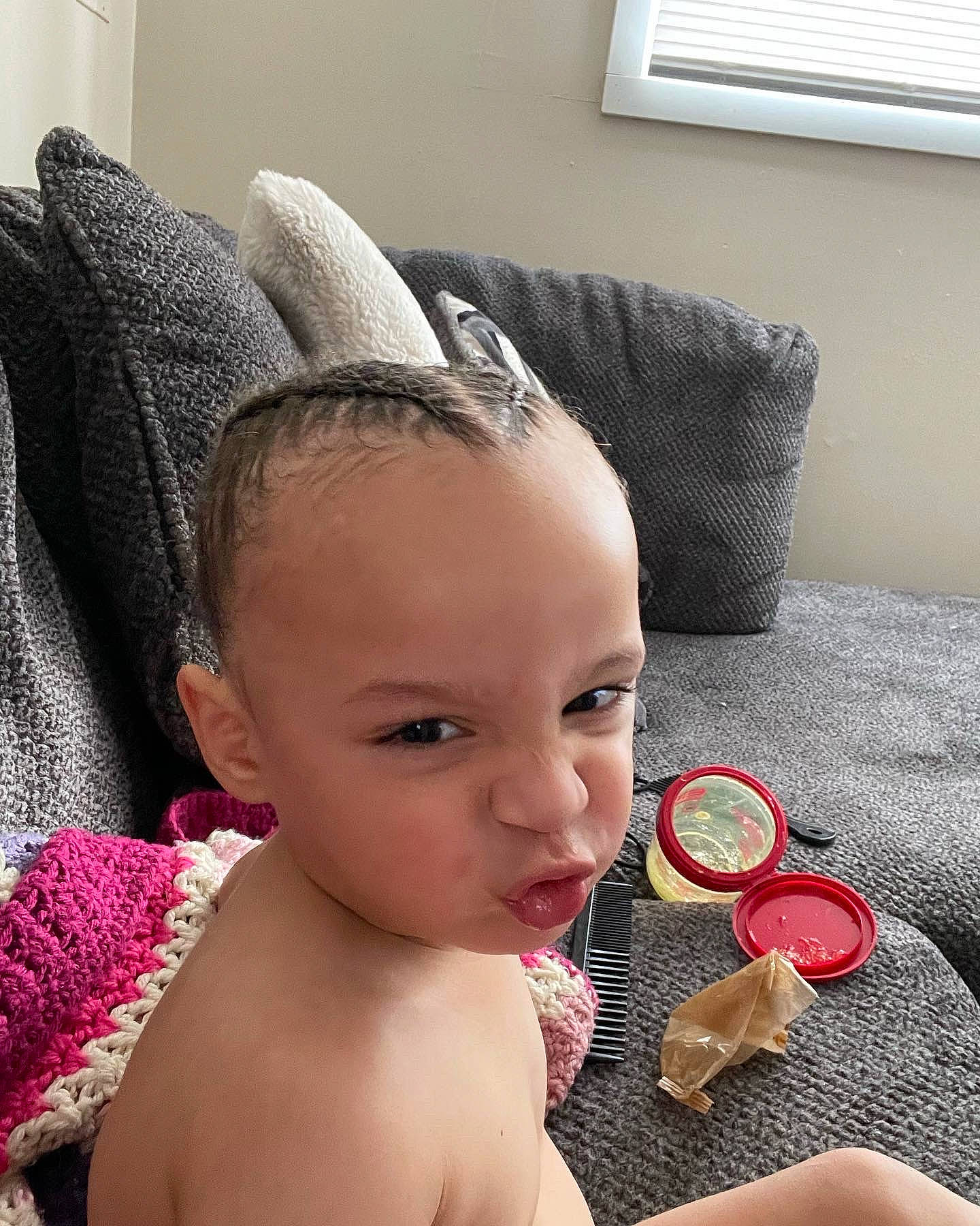 Khalil is registered to the contest to win money with this photo: baby, chest, child, comfort, ear, eyelash, fashion_accessory, finger, flooring, headpiece, jewellery, lip, organ, person, pink, skin, tableware, toddler, toy, window