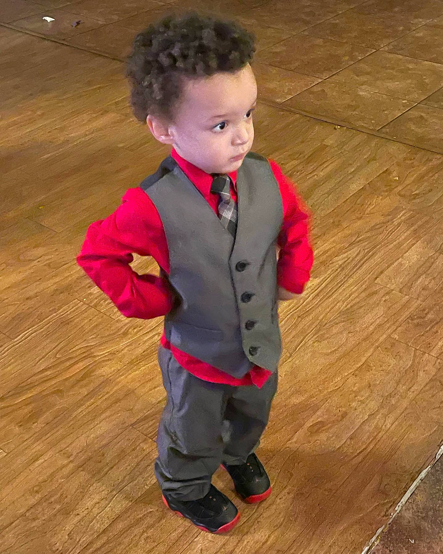 Khalil joined the competition — help win amazing prizes! baby, baby_toddler_clothing, child, costume, dress, event, floor, flooring, formal_wear, happy, hardwood, laminate_flooring, pattern, person, sleeve, suit, toddler, varnish, wood, wood_flooring