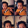 baby, child, collage, puma, orange_shirt, indoor, portrait, cute, curly_hair, expression, wall_art, couch, person, smiling, photography, young_child, casual_clothing, home, multiple_images, closeup