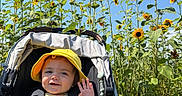 Sage is registered to the contest to win money with this photo: baby_clothes, blue_sky, child, cute, daytime, garden, greenery, happy, nature, outdoor, plants, portrait, smiling, stroller, summer, sunflower, sunlight, toddler, waving, yellow_hat