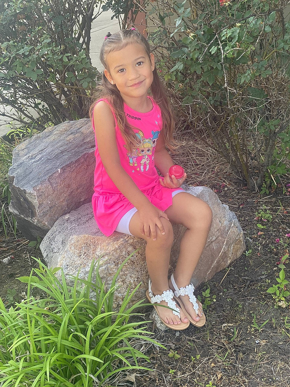 Ayleen is registered to the contest to win money with this photo: botany, dress, fawn, foot, grass, happy, human_body, human_leg, joy, knee, leaf, long_hair, people_in_nature, person, plant, shoe, smile, thigh, toddler, tree