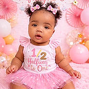 Aurora is registered to the contest to win money with this photo: baby, balloons, birthday, bows, celebration, child, curly_hair, cute, decorations, face, festive, fluffy_rug, happy, one_year_old, pastel_colors, pink, portrait, sitting, smiling, tutu