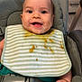 baby, smiling, high_chair, bib, food, messy, infant, face, mouth, hand, clothing, seatbelt, indoor, child, cute, happy, person, skin, feeding, dining