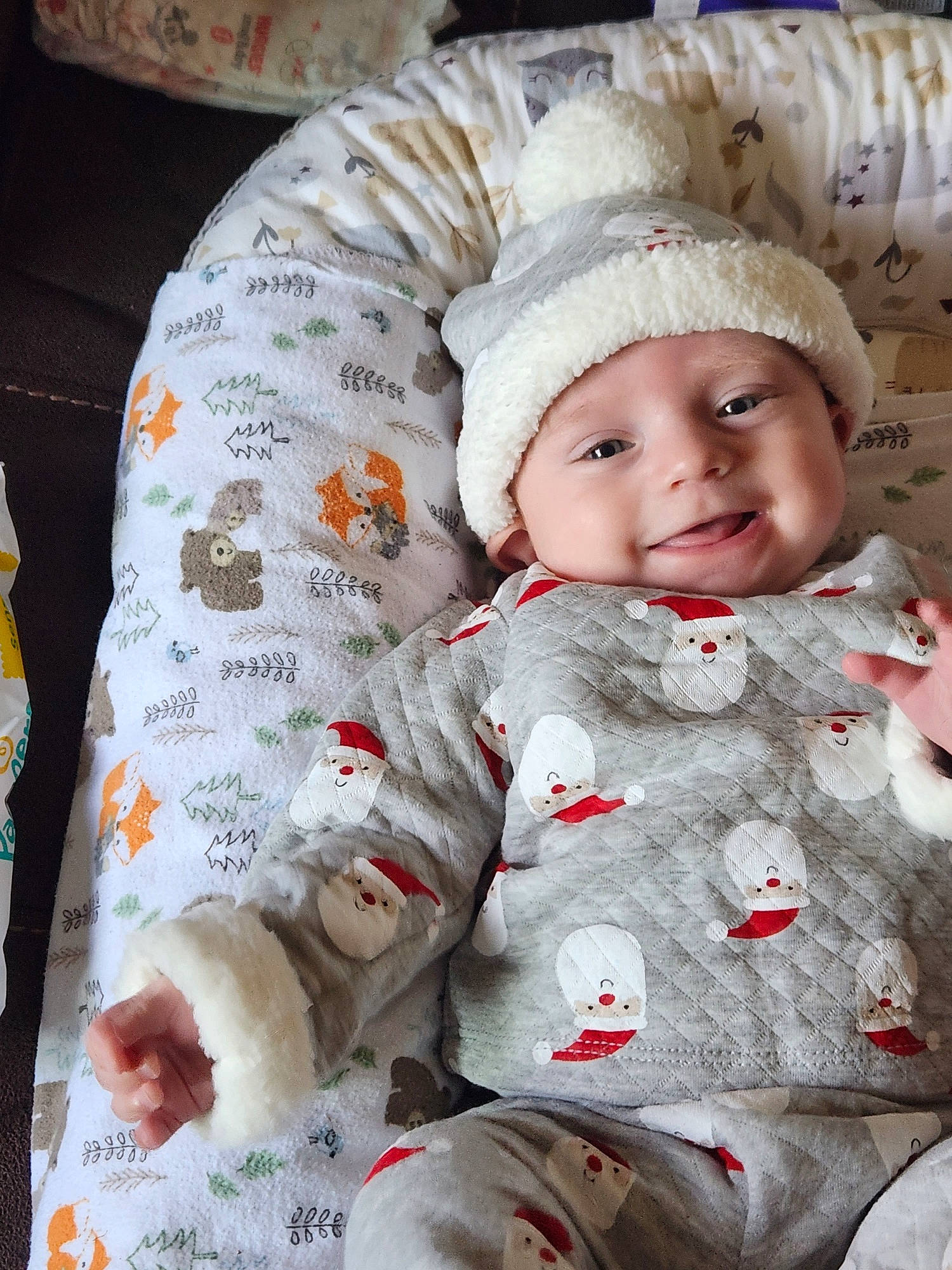 Damon is registered to the contest to win money with this photo: baby, baby_toddler_clothing, cap, child, comfort, eye, face, facial_expression, fur, happy, head, headwear, human_body, linens, outerwear, pattern, person, sitting, skin, sleeve