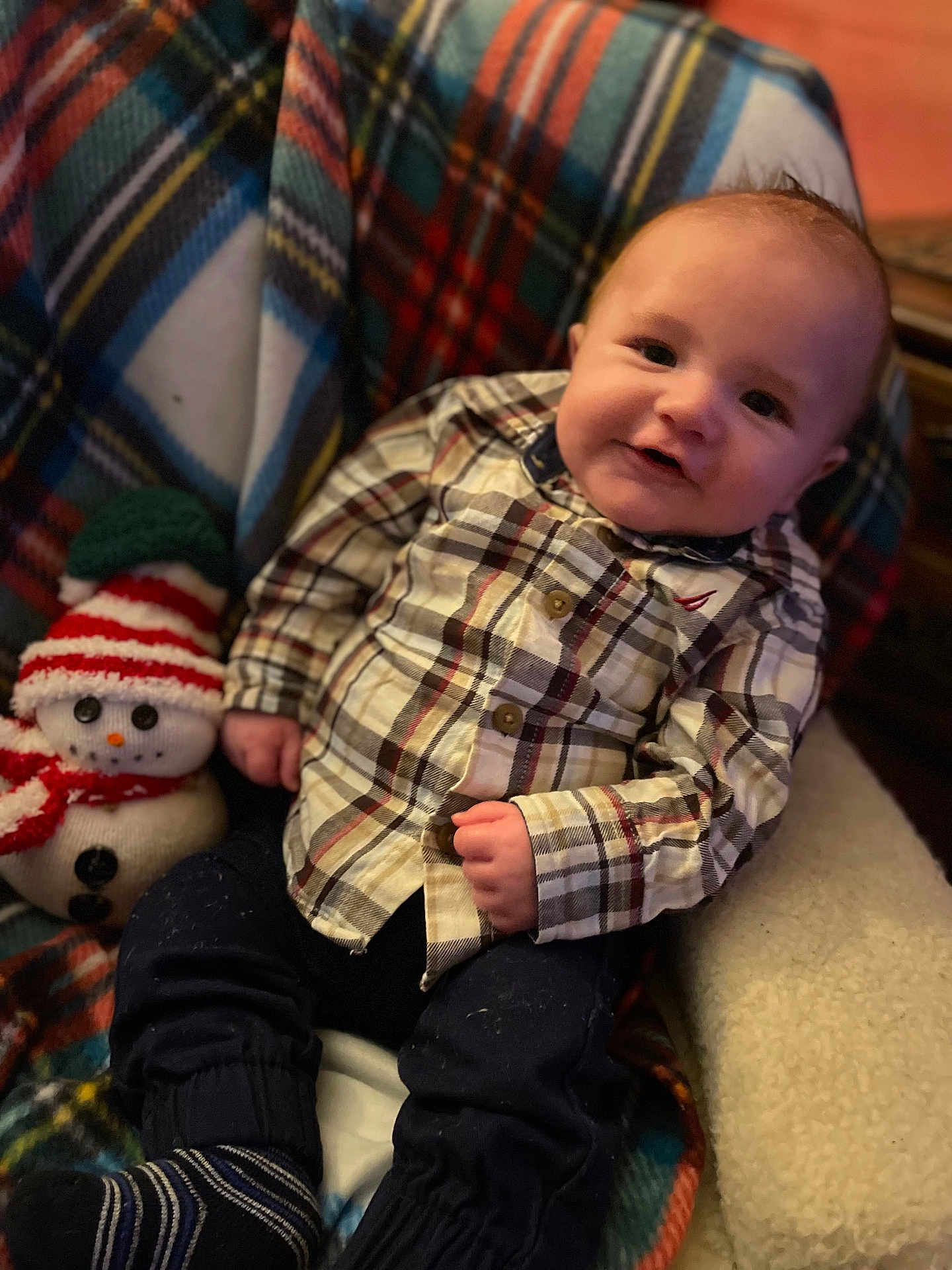 Westyn joined the competition — help win amazing prizes! baby, clothing, couch, cushion, face, furniture, head, homedecor, jeans, nature, outdoors, pants, person, photography, portrait, sitting, snow, snowman, toy, winter