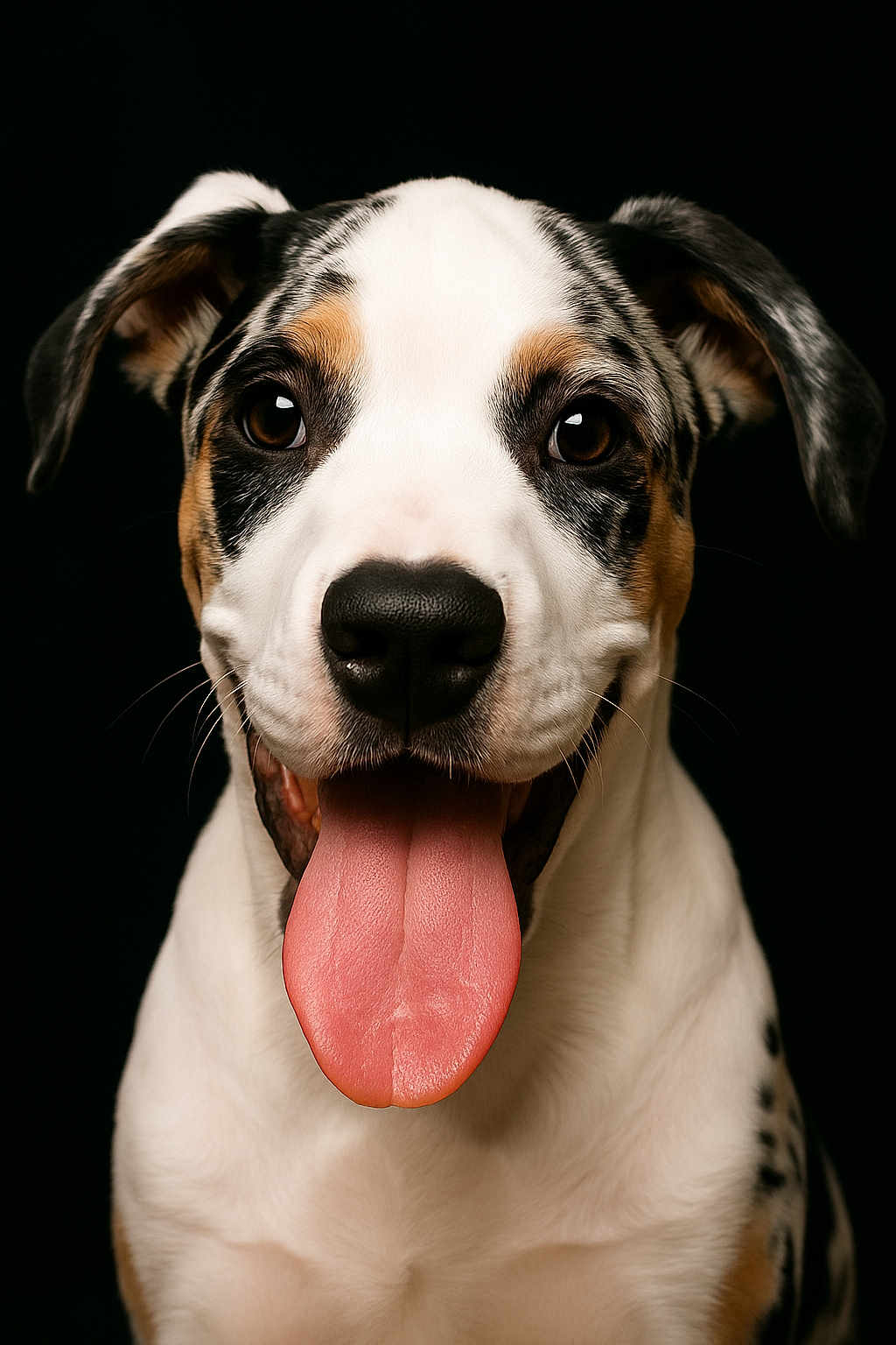Aïko participe au concours pour gagner de l'argent avec cette photo : dog, tongue, happy, close_up, portrait, ears, black_background, white_fur, brown_fur, black_fur, pet, animal, canine, smiling, friendly, playful, cute, young_dog, studio_lighting, fur_pattern