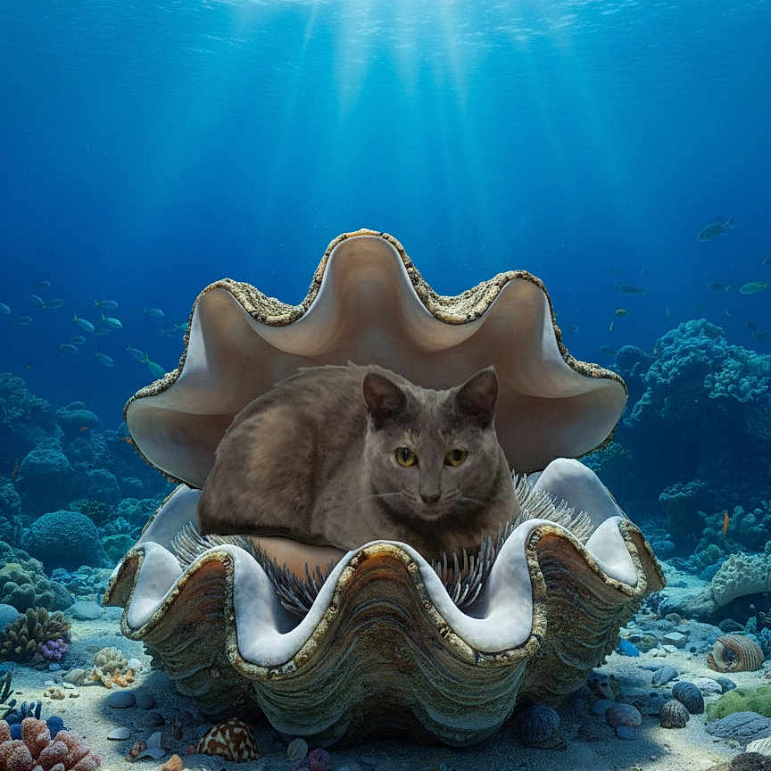 Velvet is registered to the contest to win money with this photo: animal, aquatic, blue_water, cat, clam_shell, coral, fantasy, fish, gray_cat, marine_life, nature, ocean, rocks, sea_creatures, sea_floor, shells, sunlight_rays, surreal, underwater, water