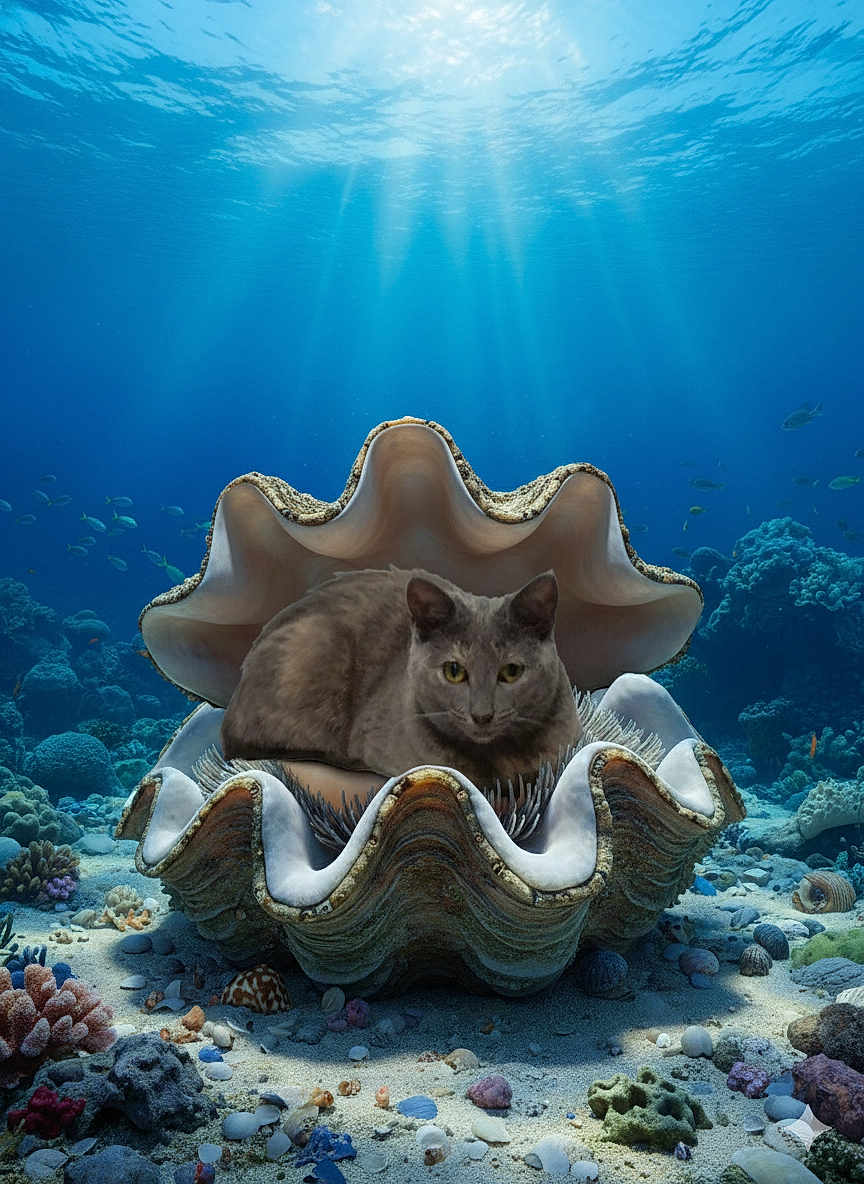Velvet is registered to the contest to win money with this photo: underwater, ocean, clam_shell, cat, gray_cat, coral, sea_floor, fish, marine_life, shells, rocks, water, sunlight_rays, aquatic, nature, animal, fantasy, surreal, sea_creatures, blue_water