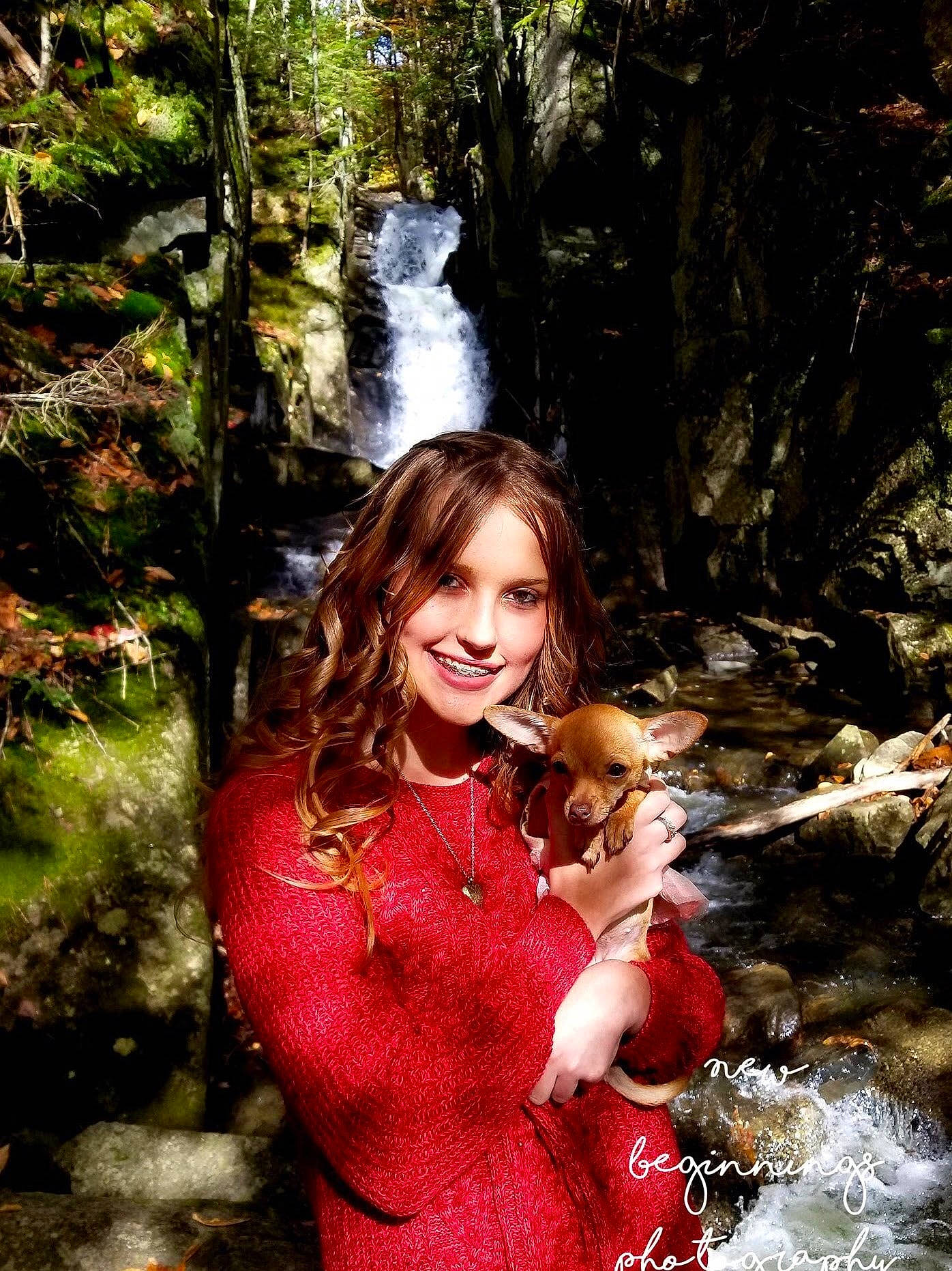 Chevy Rose is registered to the contest to win money with this photo: beauty, blond, creek, forest, fun, lady, long_hair, nature, people_in_nature, photograph, photography, portrait, portrait_photography, red, smile, stream, tree, water, watercourse, waterfall