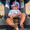 baby, stroller, bottle, hat, sunhat, outdoor, child, feet, shadow, sand, clothing, seatbelt, sunlight, infant, person, summer, relaxing, colorful, footwear, casual