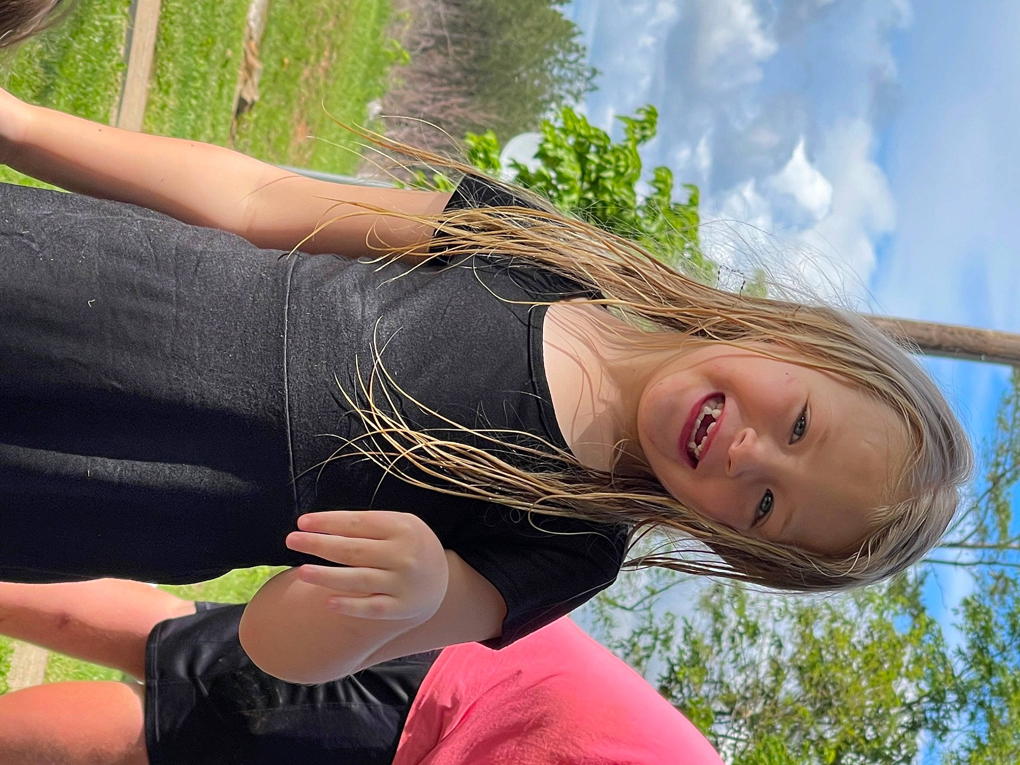 Chloe joined the competition — help win amazing prizes! brown_hair, clothing, cloud, elbow, flash_photography, gesture, grass, happy, human_leg, joint, joy, knee, leisure, long_hair, people_in_nature, person, plant, shoulder, sky, smile