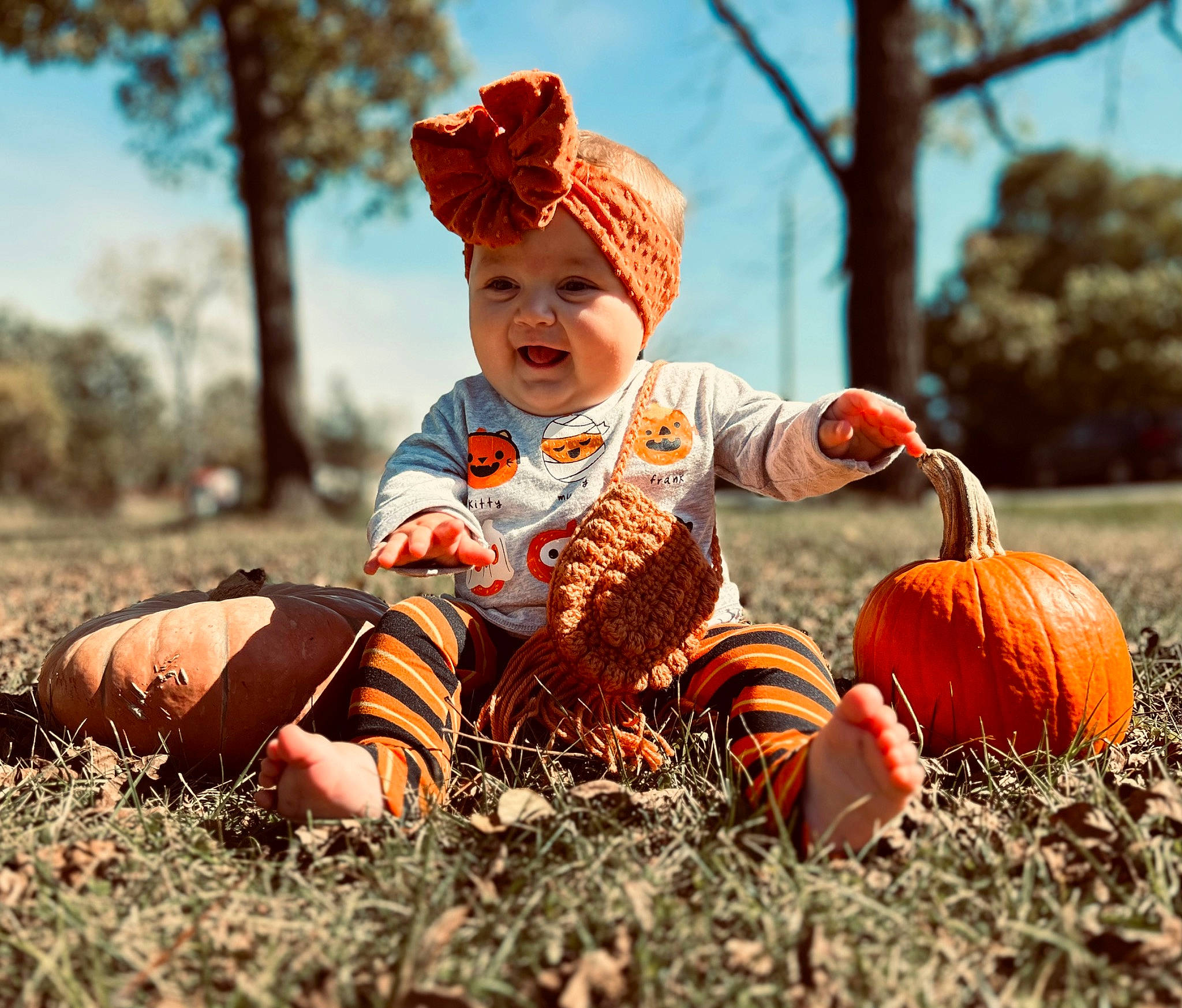 Ella is registered to the contest to win money with this photo: baby, baby_toddler_clothing, calabaza, cap, child, eye, grass, happy, hat, headwear, leaf, orange, people_in_nature, person, plant, playing_with_kids, pumpkin, sky, smile, sunlight