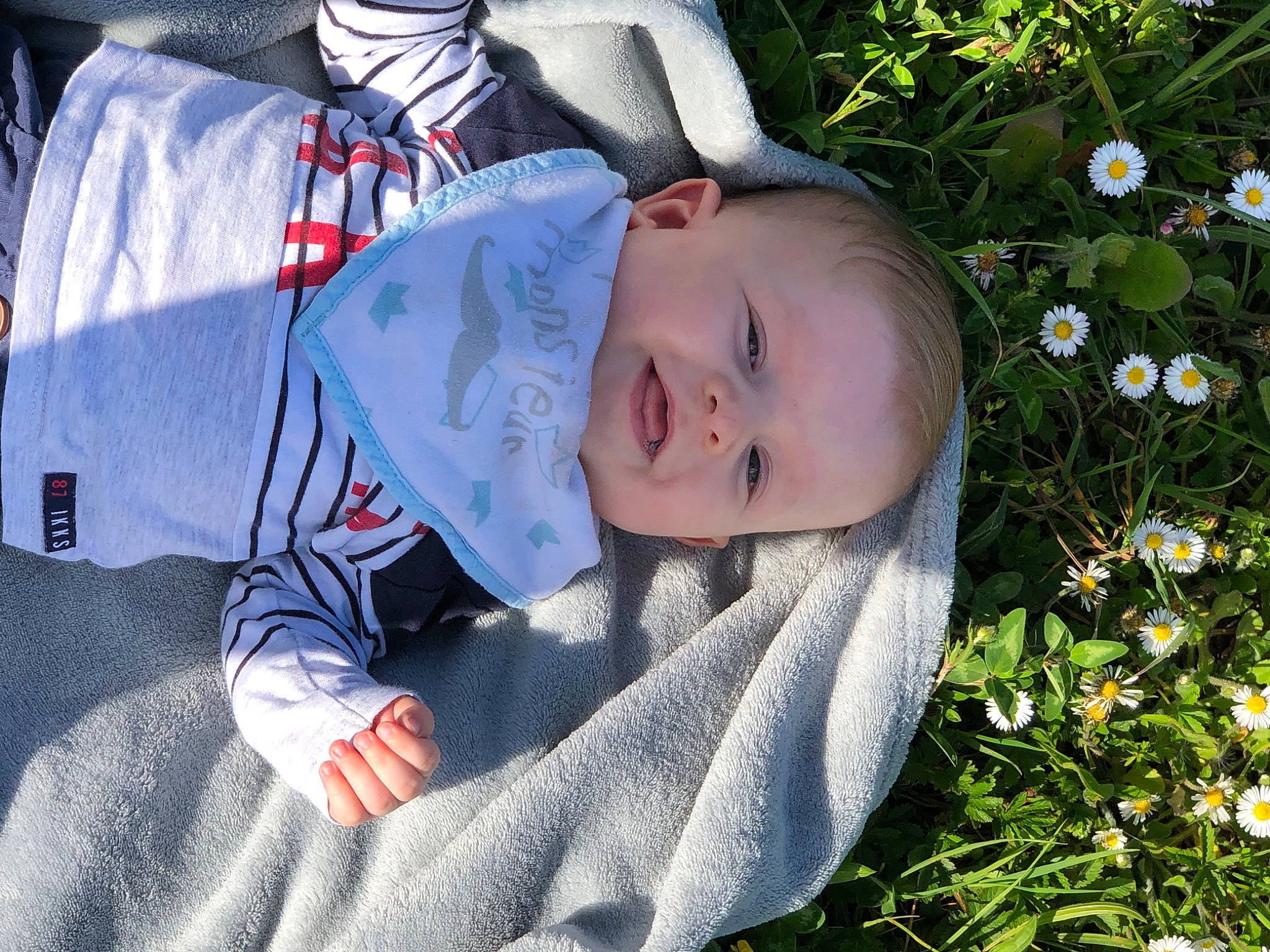 Lyno participe au concours pour gagner de l'argent avec cette photo : baby, baby_toddler_clothing, carmine, child, electric_blue, eye, facial_expression, flower, grass, happy, leaf, people_in_nature, person, petal, plant, sitting, sleeve, smile, toddler, tree