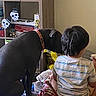 back_view, blanket, boy, casual_clothing, child, companion, decorations, dog, domestic, floor, furniture, home, indoor, pet, relaxing, shelf, sitting, striped_shirt, toy, wall