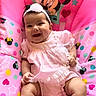Hallie is registered to the contest to win money with this photo: baby, bouncer_seat, bow, bracelet, child, chubby_legs, dress, happy, headband, hearts, infant, lace, minnie_mouse, pattern, pink, polka_dots, portrait, sitting, smiling, stars