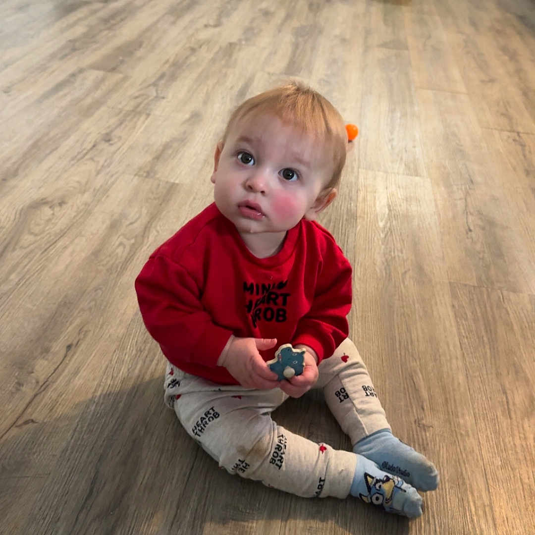 Colter joined the competition — help win amazing prizes! toddler, child, sitting, red_sweatshirt, toy, wooden_floor, indoor, kitchen, refrigerator, curious, pants, socks, flooring, home, childhood, person, young_child, casual_clothing, looking_up, cute