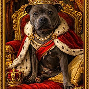 Athena a rejoint le concours — aidez-le/la à gagner de superbes lots ! animal, cape, crown, decor, dog, fancy, fur_trim, gold, indoor, jewelry, king, luxury, ornate, pet, portrait, red_velvet, regal, royalty, scepter, throne