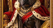 Athena participe au concours pour gagner de l'argent avec cette photo : animal, costume, crown, decoration, dog, framed, fur_trim, gold, indoor, jewelry, luxury, ornate, pet, portrait, red_cape, red_velvet, regal, royalty, scepter, throne