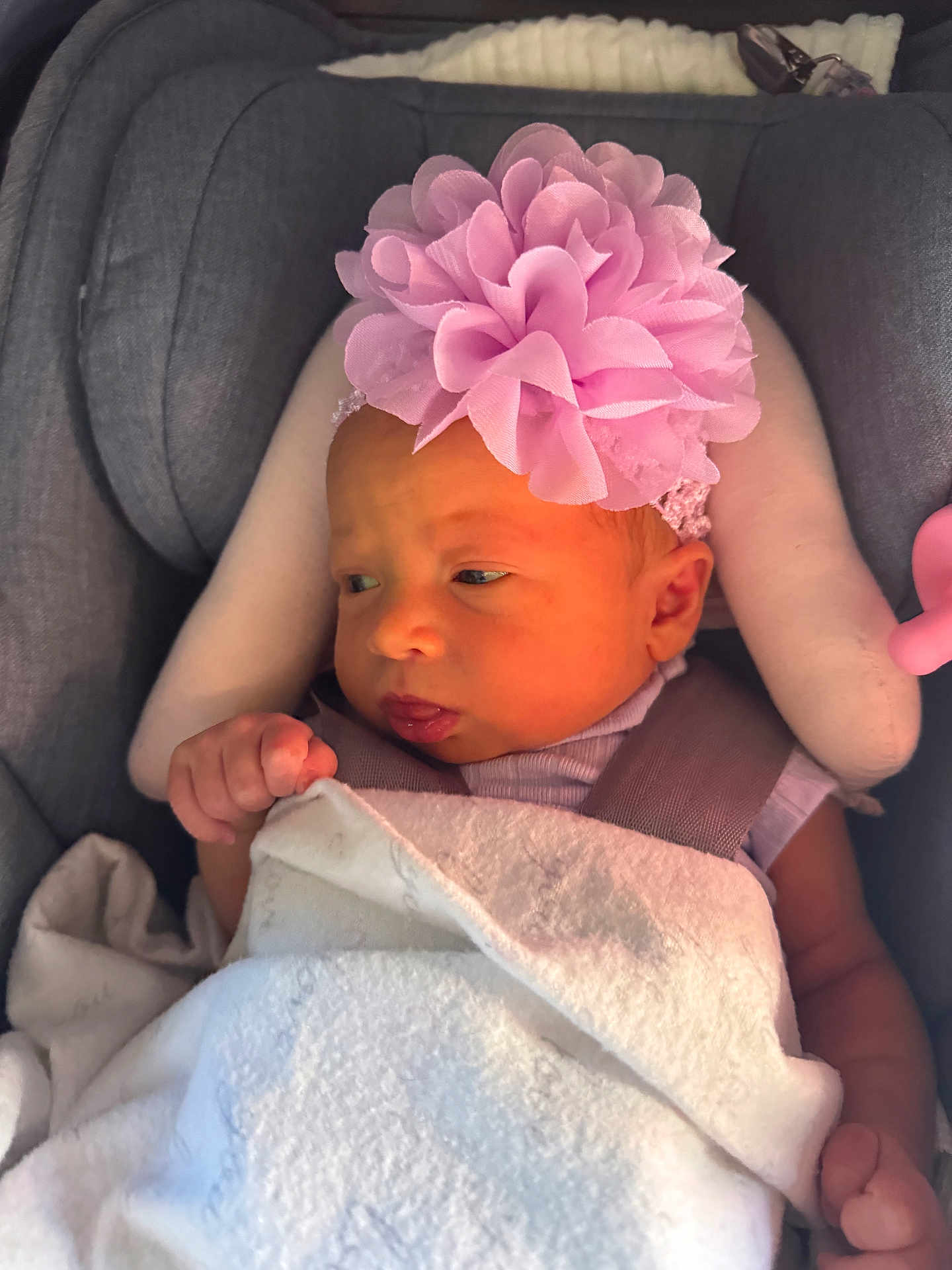 Pyper joined the competition — help win amazing prizes! baby, infant, pink_flower, headband, blanket, car_seat, cushion, face, skin, clothing, newborn, cute, child, small_hand, portrait, indoors, resting, soft_light, baby_girl, sleepy