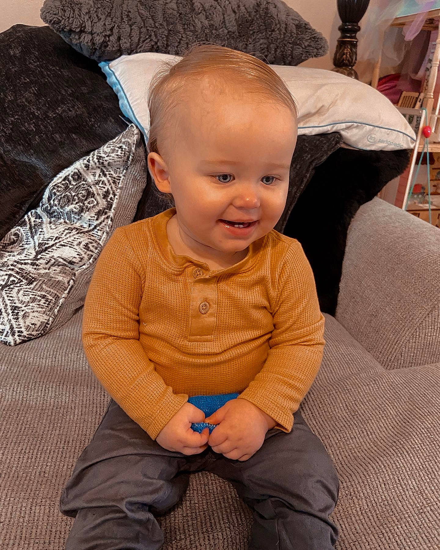 Calvin joined the competition — help win amazing prizes! baby, baby_toddler_clothing, chair, cheek, chin, comfort, eye, finger, flooring, happy, head, human_body, iris, lip, mouth, nose, person, skin, smile, textile