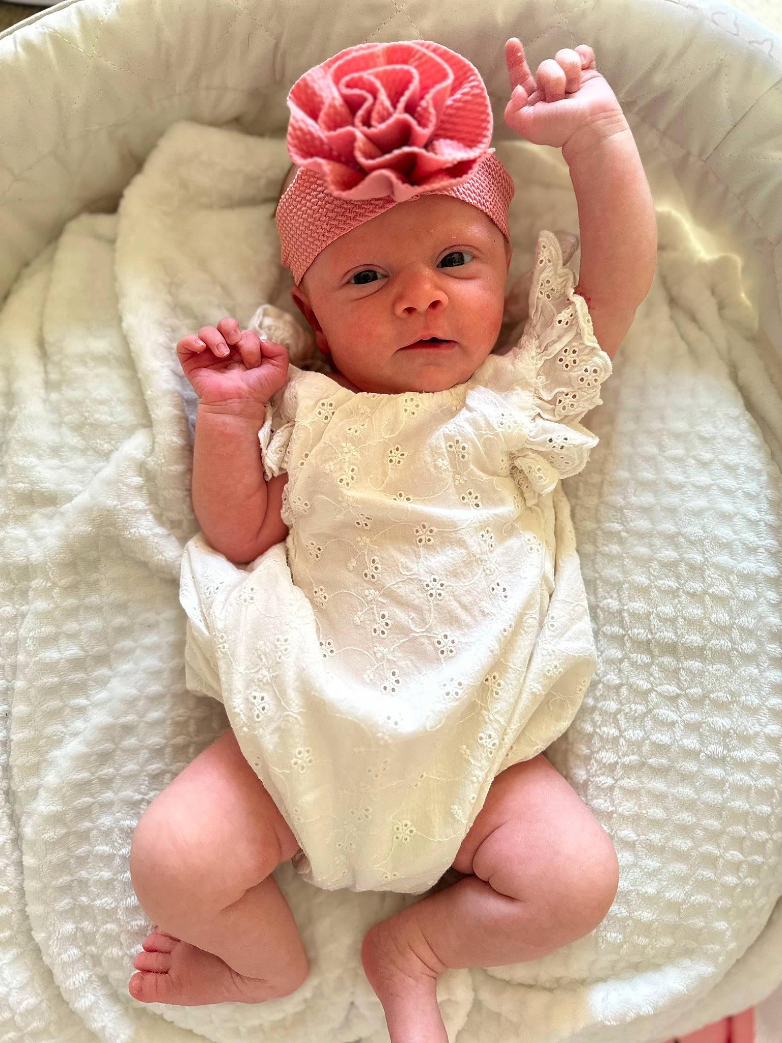 Nora Jean joined the competition — help win amazing prizes! baby, baby_sleeping, baby_toddler_clothing, cheek, comfort, eye, face, finger, hand, head, headband, headgear, headpiece, headwear, linens, lip, nail, person, skin, sleeve