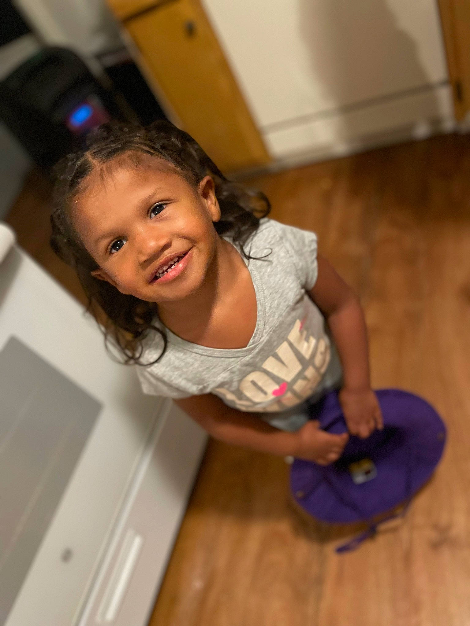 Jayla joined the competition — help win amazing prizes! ball, child, flash_photography, floor, flooring, fun, happy, hardwood, joy, knee, leisure, person, room, skin, smile, standing, t_shirt, thigh, toddler, varnish