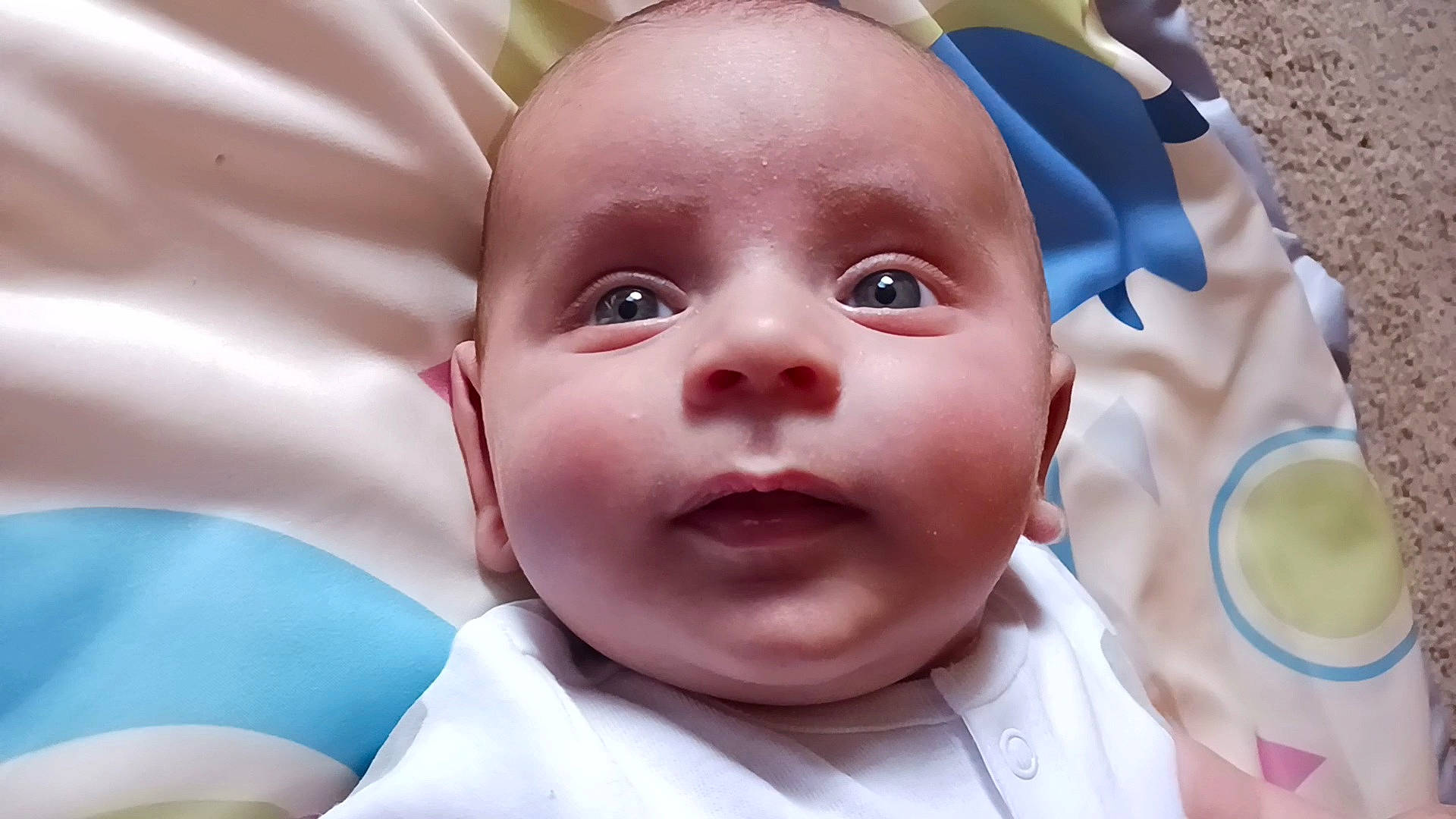 Jerry is registered to the contest to win money with this photo: baby, cheek, child, chin, close_up, dishware, eye, eyebrow, eyelash, fun, happy, iris, lip, mouth, nose, person, serveware, skin, smile, tableware