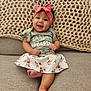 baby, bodypart, bonnet, cap, clothing, couch, cushion, dress, face, finger, furniture, happy, hat, head, homedecor, person, photography, portrait, sitting, smile