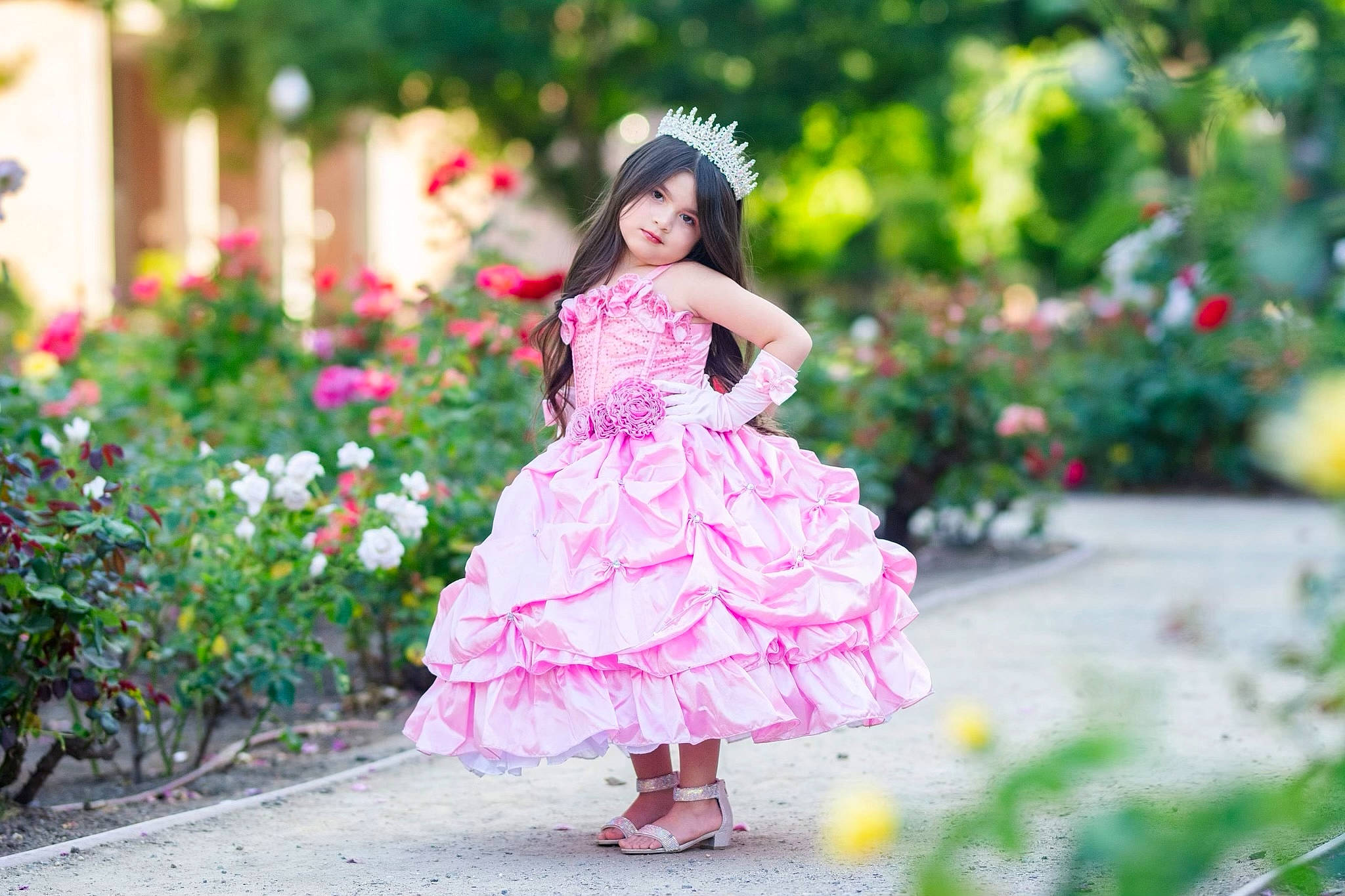 Camila is registered to the contest to win money with this photo: bridal_clothing, bridal_party_dress, day_dress, dress, event, flash_photography, formal_wear, fun, gown, grass, happy, headpiece, leisure, magenta, person, petal, pink, plant, recreation, ruffle