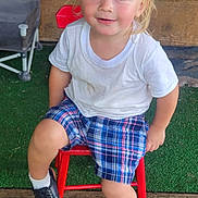 Ever joined the competition — help win amazing prizes! toddler, child, boy, blue_eyes, blond_hair, white_tshirt, plaid_shorts, red_chair, black_shoes, socks, smiling, indoor, wooden_floor, green_carpet, casual_clothing, portrait, cute, happy, seated, playful