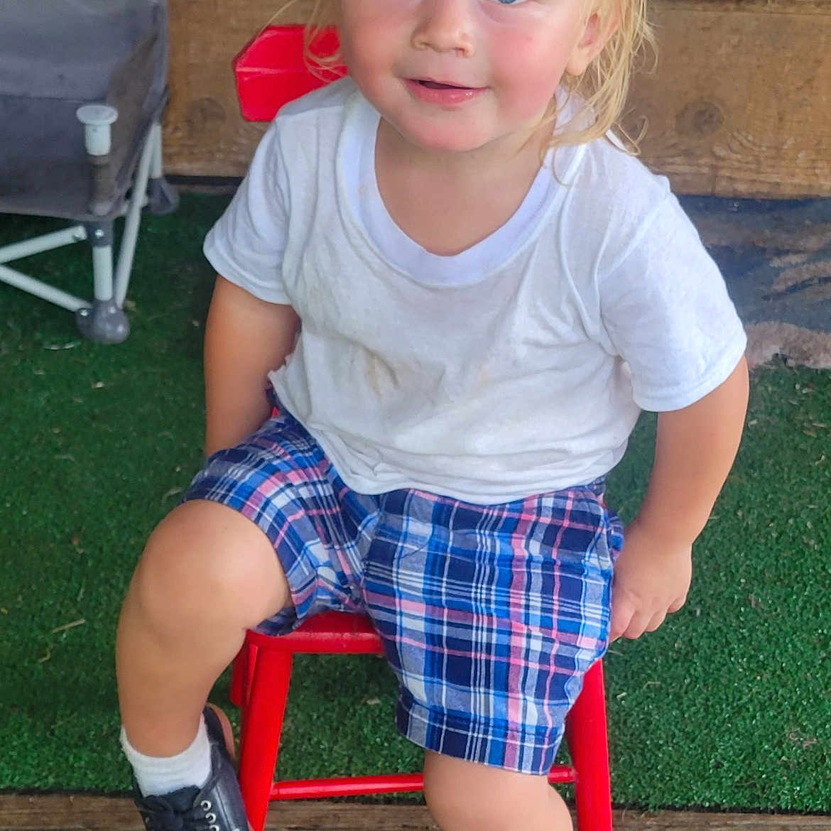 Ever joined the competition — help win amazing prizes! toddler, child, boy, blue_eyes, blond_hair, white_tshirt, plaid_shorts, red_chair, black_shoes, socks, smiling, indoor, wooden_floor, green_carpet, casual_clothing, portrait, cute, happy, seated, playful