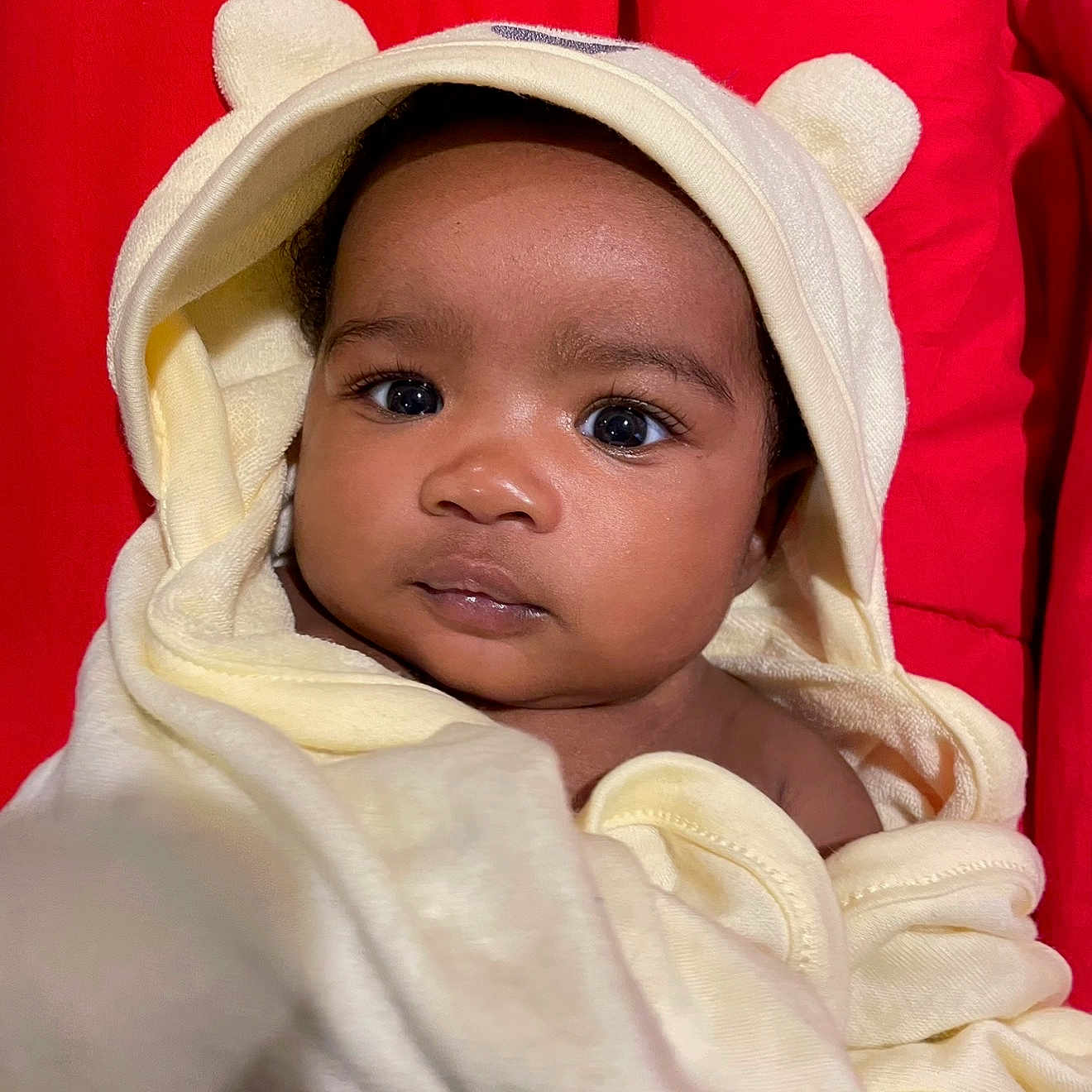 Jakarri is registered to the contest to win money with this photo: baby, child, towel, yellow, red_background, face, eyes, hood, cute, soft, wrapped, infant, portrait, expression, skin, newborn, indoors, person, adorable, closeup