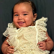 Josiris Isarel is registered to the contest to win money with this photo: adorable, baby, celebration, child, closeup, cute, dress, earrings, expression, face, fashion, hands, happy, infant, lace, person, portrait, smiling, studio, young_child
