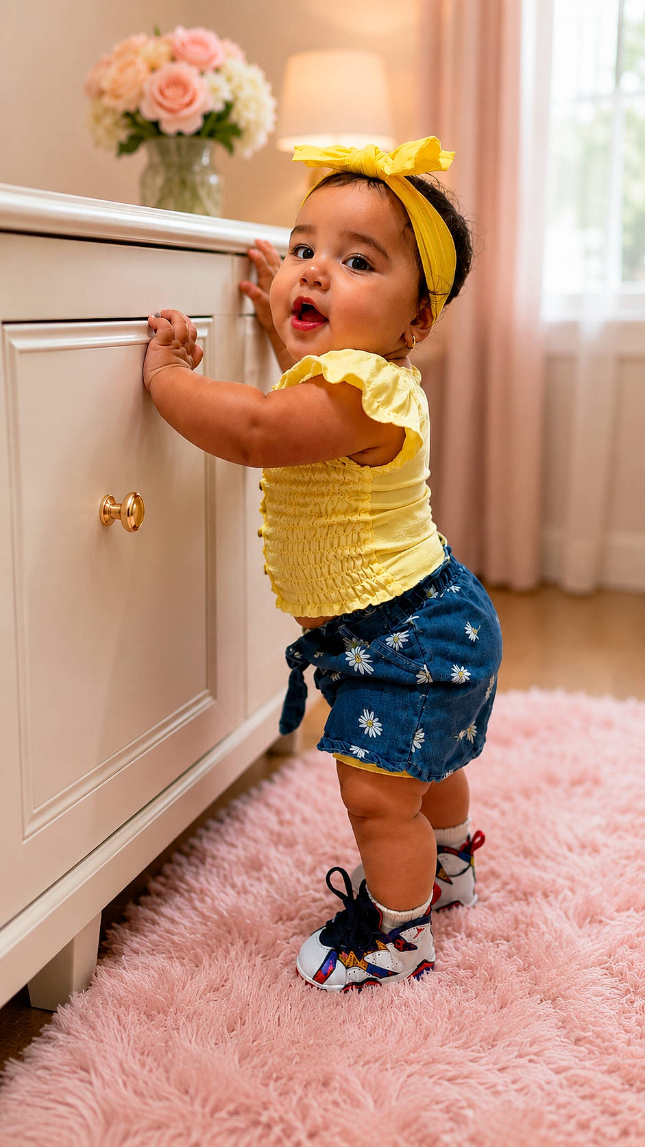Josiris Isarel joined the competition — help win amazing prizes! baby, blue_shorts, cabinet, child, curtains, cute, floral_pattern, flowers, home, indoor, pink_rug, shoes, smiling, socks, standing, toddler, vase, wooden_floor, yellow_headband, yellow_top