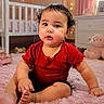 Josiris Isarel is registered to the contest to win money with this photo: baby, child, red_shirt, carpet, pink_carpet, nursery, crib, soft_toys, teddy_bear, lamp, dresser, fairy_lights, curtains, indoors, cute, sitting, portrait, floor, person, home