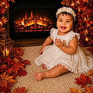 Josiris Isarel is registered to the contest to win money with this photo: autumn, baby, barefoot, candle, carpet, child, fall_leaves, festive, fireplace, flower_crown, happy, home_decor, indoors, lace_dress, lantern, photography, portrait, sitting, smiling, warm_lighting