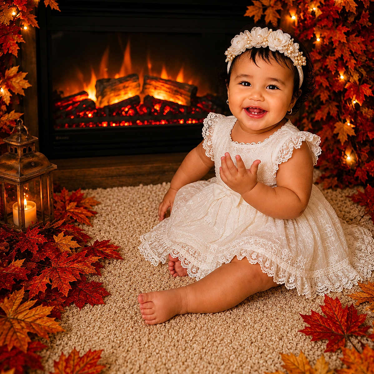 Josiris Isarel is registered to the contest to win money with this photo: autumn, baby, barefoot, candle, carpet, child, fall_leaves, festive, fireplace, flower_crown, happy, home_decor, indoors, lace_dress, lantern, photography, portrait, sitting, smiling, warm_lighting
