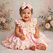 Josiris Isarel joined the competition — help win amazing prizes! baby, child, infant, portrait, smiling, happy, sitting, pink_dress, frilly_dress, satin, hair_bow, headband, floral_backdrop, studio_photography, fashion, cute, bare_feet, earrings, indoors, closeup