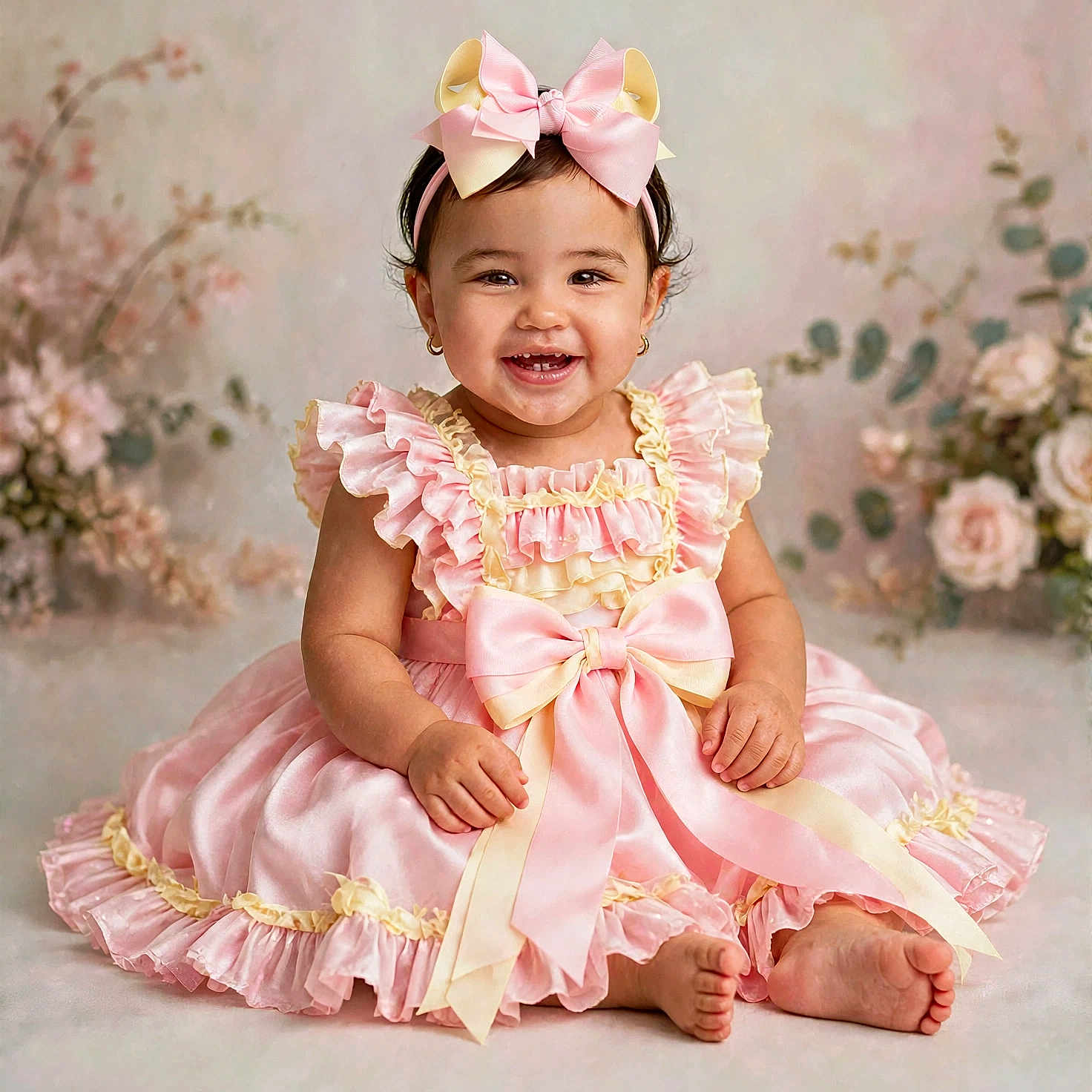 Josiris Isarel joined the competition — help win amazing prizes! baby, child, infant, portrait, smiling, happy, sitting, pink_dress, frilly_dress, satin, hair_bow, headband, floral_backdrop, studio_photography, fashion, cute, bare_feet, earrings, indoors, closeup