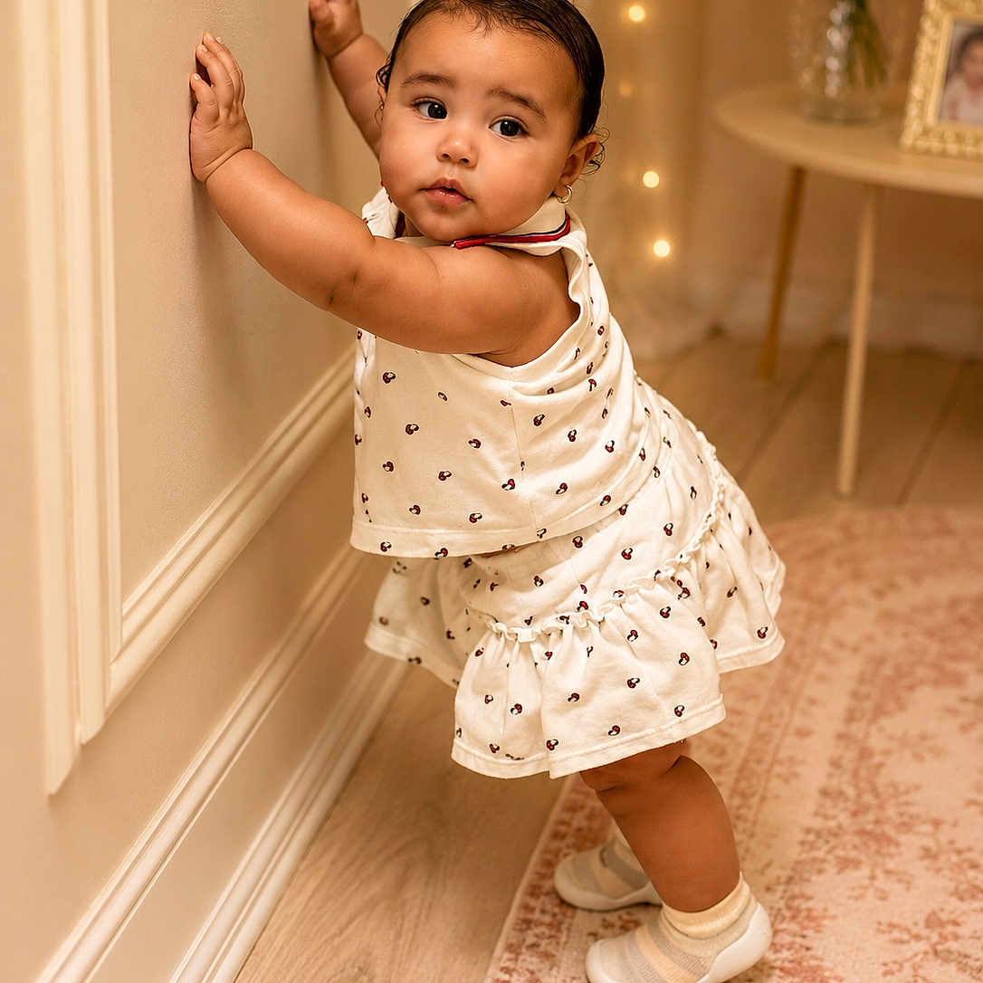 Josiris Isarel is registered to the contest to win money with this photo: toddler, child, standing, indoor, wall, white_clothing, dress, socks, shoes, carpet, table, flowers, vase, portrait, cute, baby, person, floor, earrings, decor