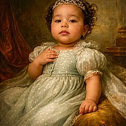 Josiris Isarel is registered to the contest to win money with this photo: baby, child, classic, curly_hair, cute, dress, elegant, female, indoor, lace, painting_style, pearl_necklace, portrait, puffed_sleeves, royalty, serene_expression, sitting, tiara, vintage_style, young