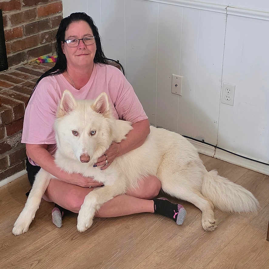 Apollo is registered to the contest to win money with this photo: black_hair, brick_fireplace, casual_clothing, comfort, cozy, dog, domestic, floor, glasses, happy, home, hugging, indoor, large_dog, pet, relaxed, sitting, white_wall, woman, wooden_floor